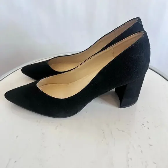 MARC FISHER ZALA BLOCK HEEL POINTY TOE HEEL WOMENS BLACK SUEDE SIZE 7 1/2 MEDIUM - Picture 1 of 12